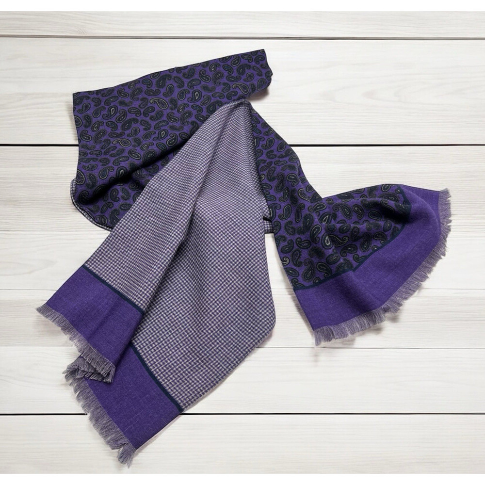 Vintage DION 1967 Wool Scarf Hounds Tooth Paisley Wool Canada Purple 67” X 12”